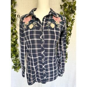Grace in L.A. Cotton Navy White Plaid Floral Embroidery Flannel Shirt Medium